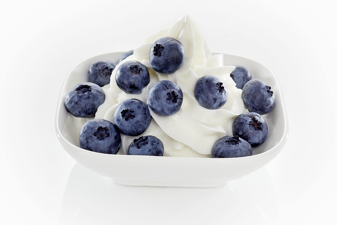 Yogurt ice cream garnished with blueberries