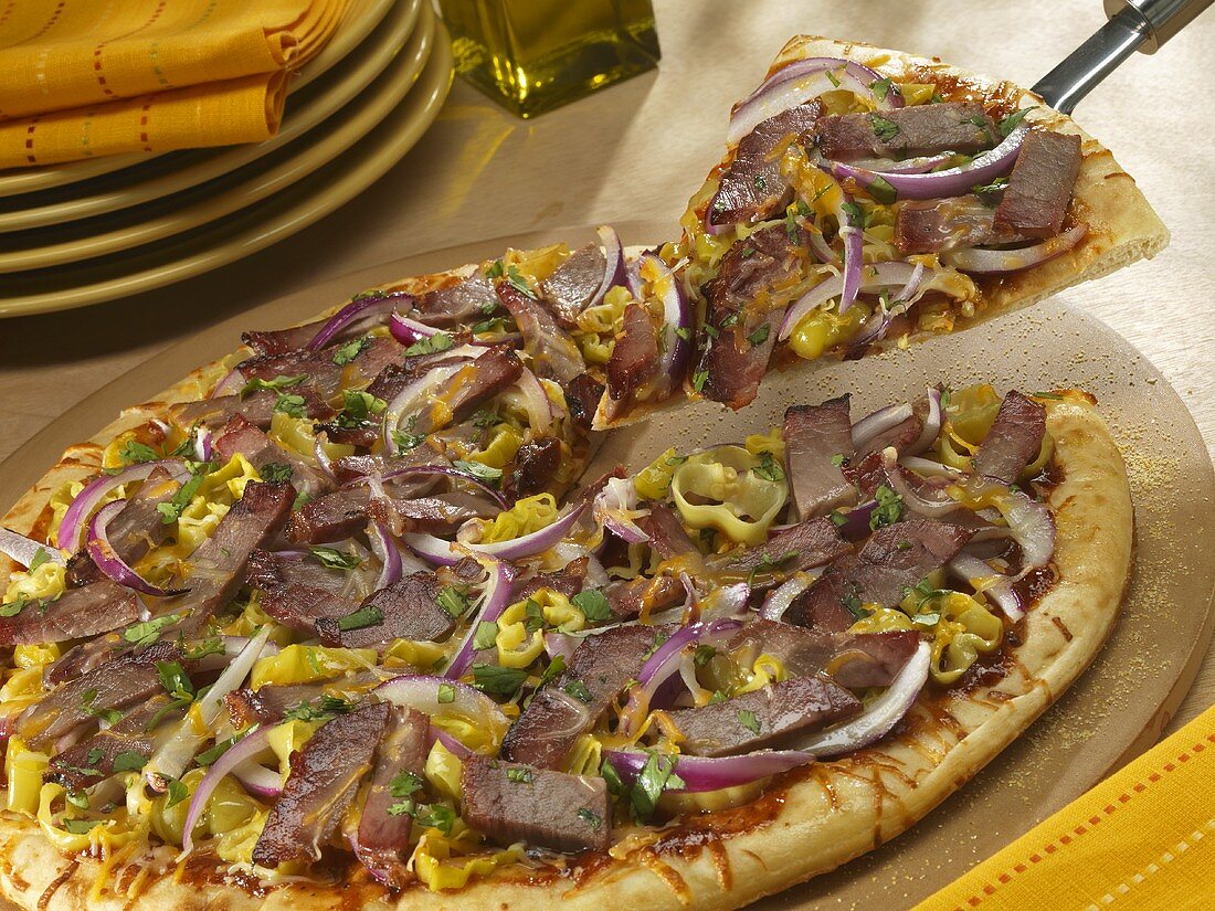 Beef Brisket Pizza with Red Onion and Pepperoncinis