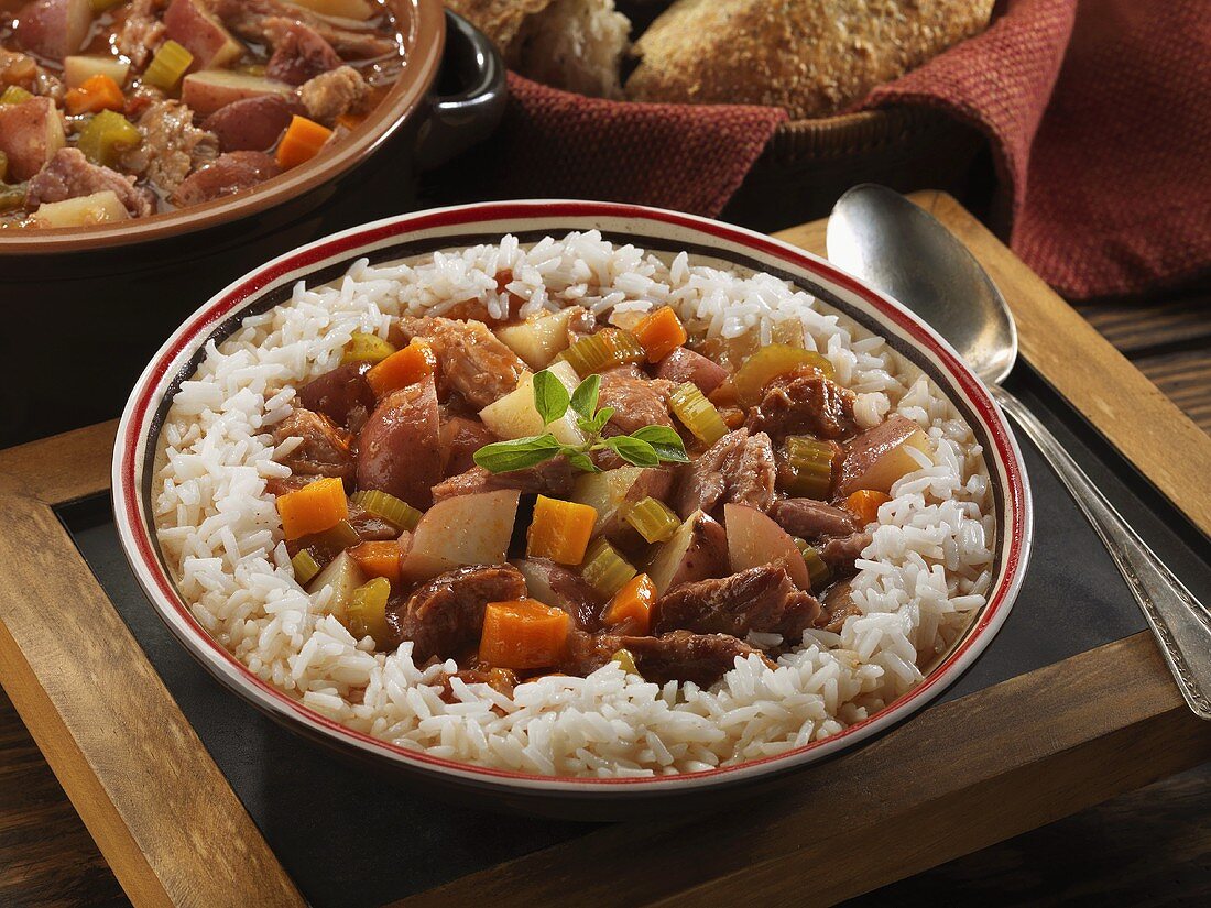 Pork and vegetable ragout on a bed of rice