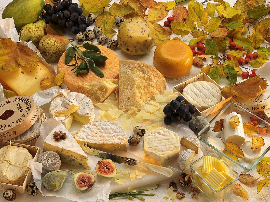 Verschiedene Käsesorten, Obst, Butter, Wachteleier und Herbstlaub
