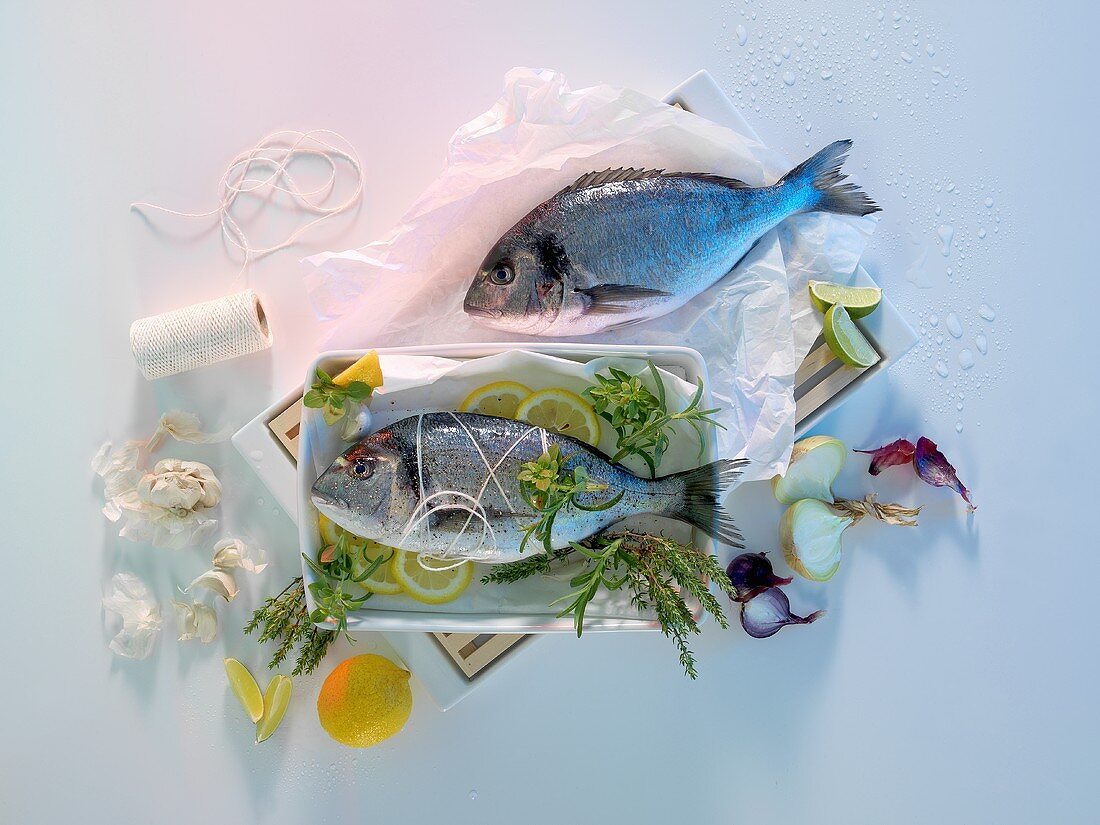 Bream with ingredients, ready to bake