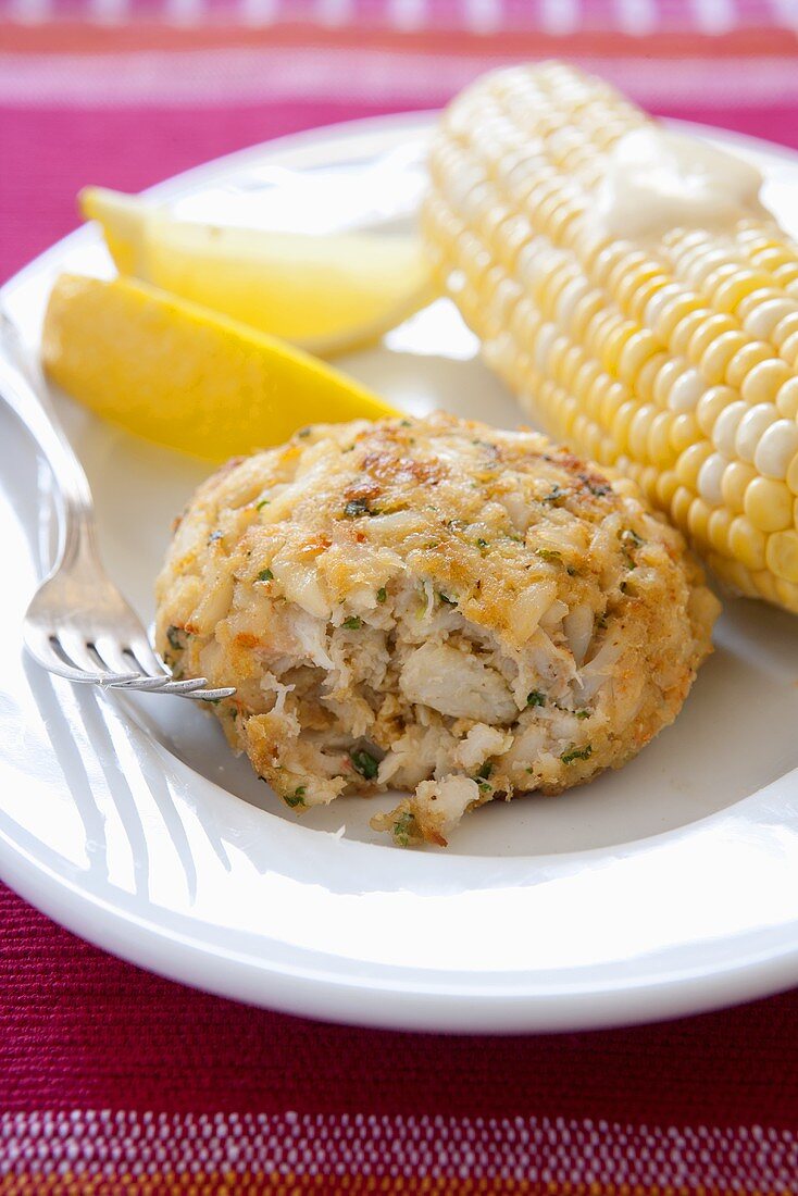 Classic Crab Cake with Corn on the Cob and Lemon Wedges