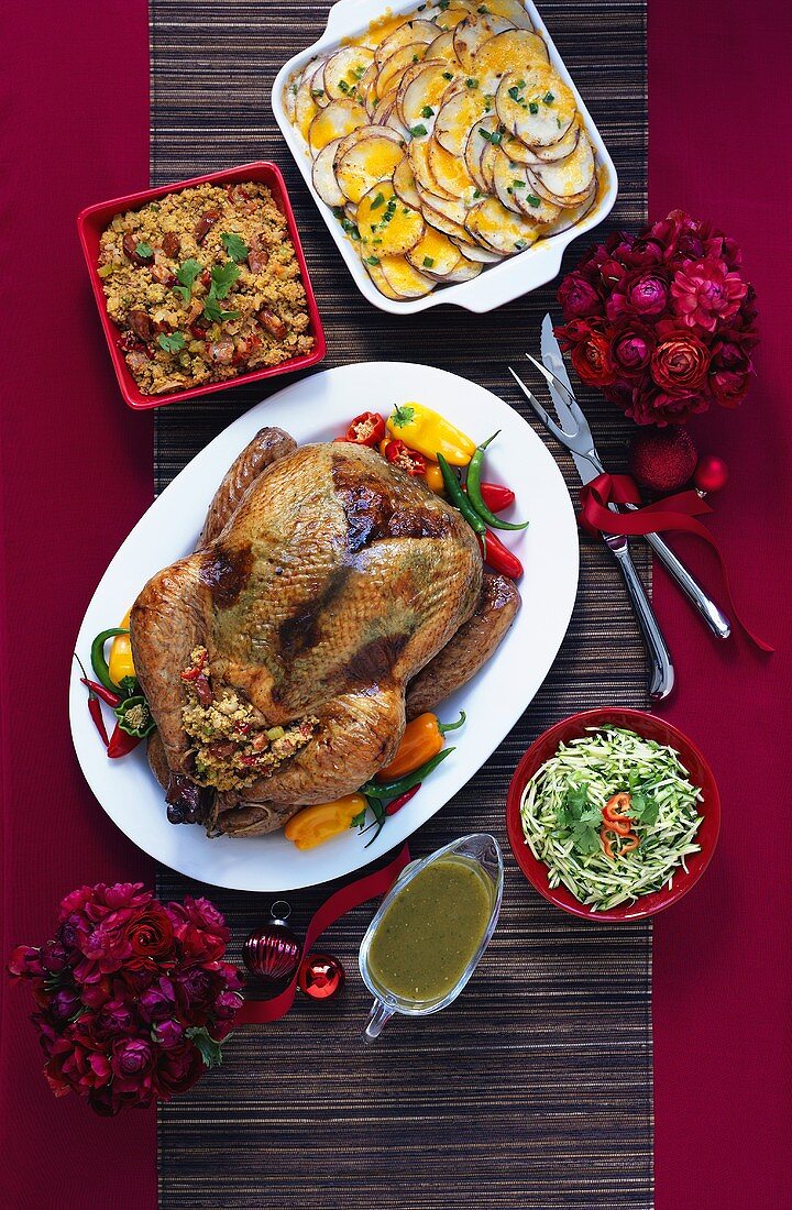 Tex-Mex style roast turkey and side dishes (viewed from above)