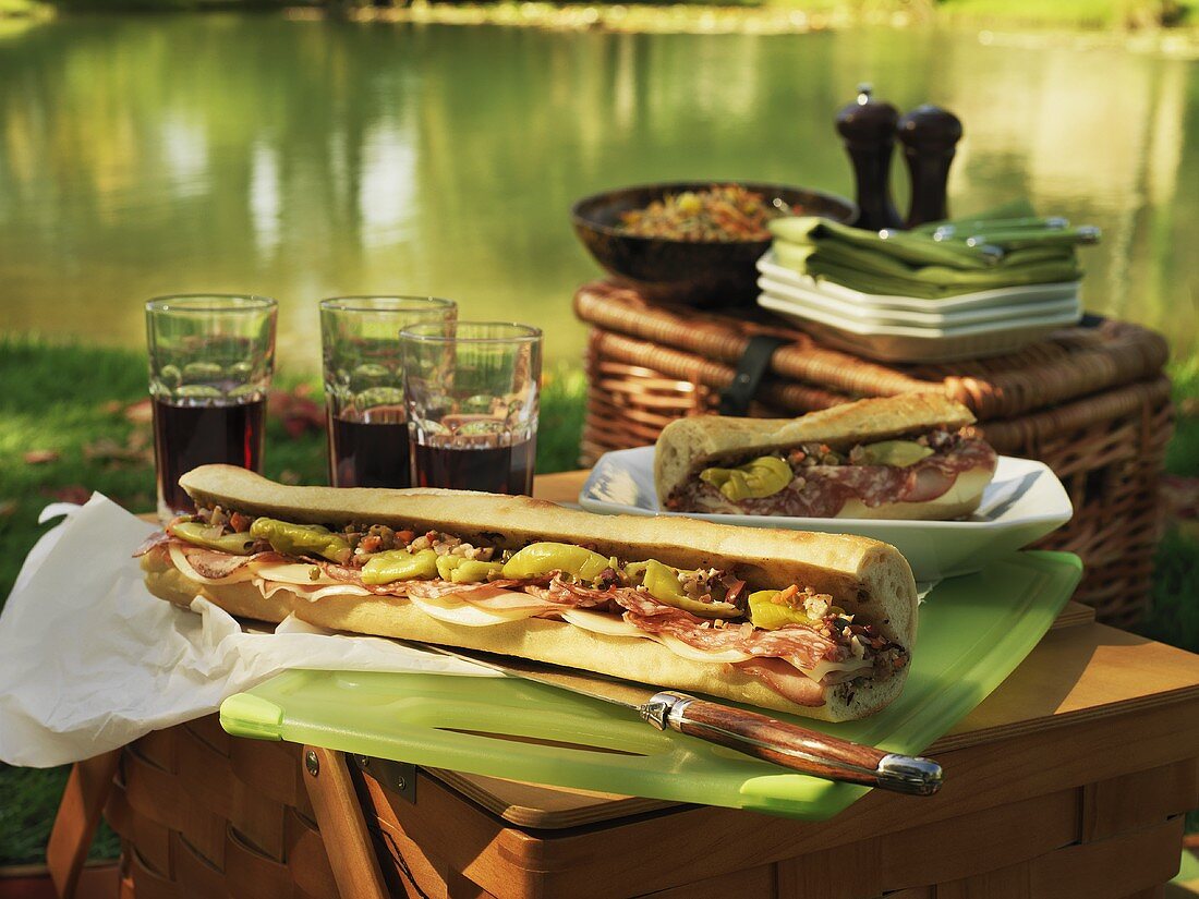 Picnic at the lake with Muffuletta (round Sicilian sesame bread) sandwiches