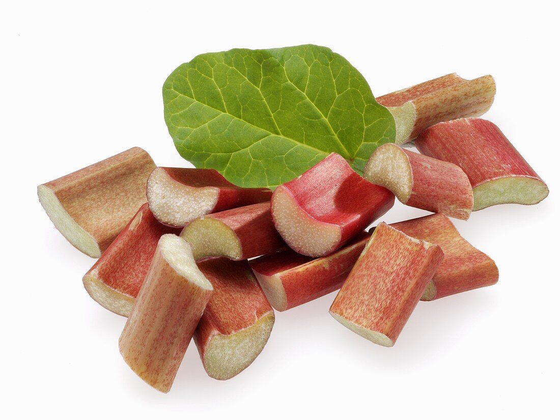 Rhubarb pieces and leaf