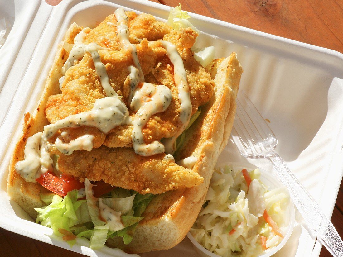 Catfish Po Boy Sandwich with Cole Slaw; In Take Out Carton