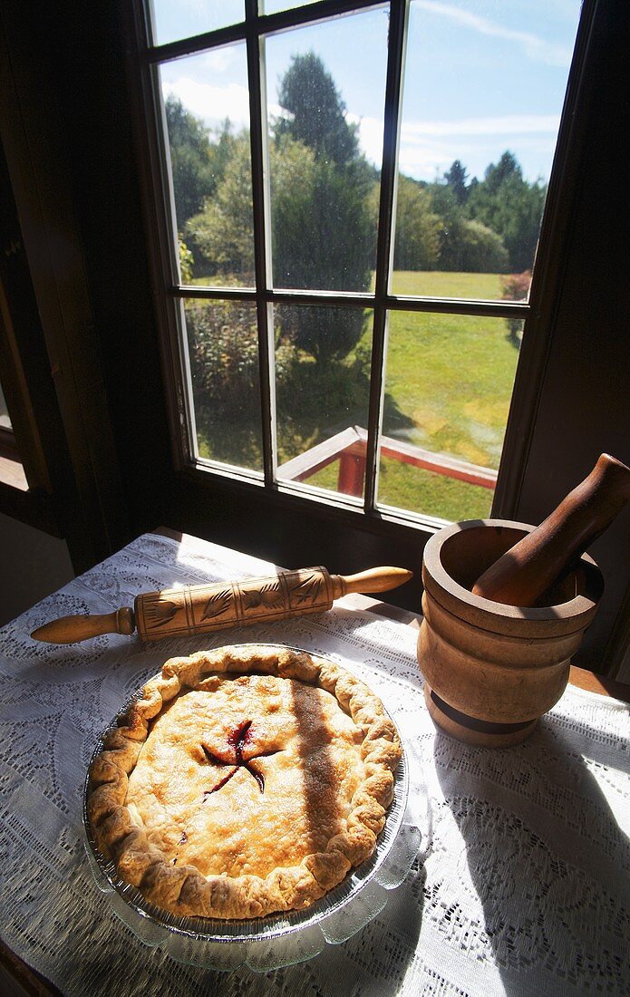 Frisch gebackene Cranberry Blueberry Pie am Küchenfenster (USA)