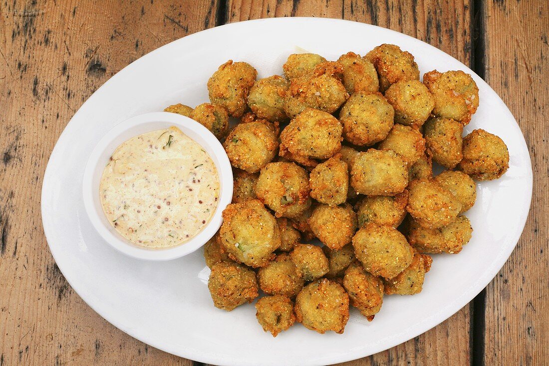 Platter of Fried Okra with Tangy Dipping Sauce; From Above