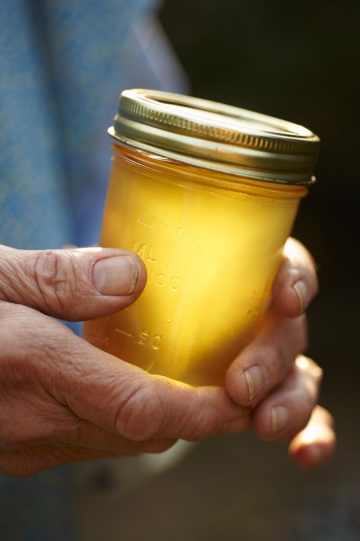 Hände halten ein Glas Honig