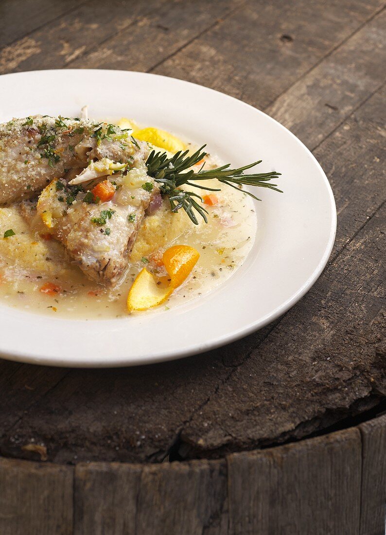 Braised Rabbit with Rosemary Garnish