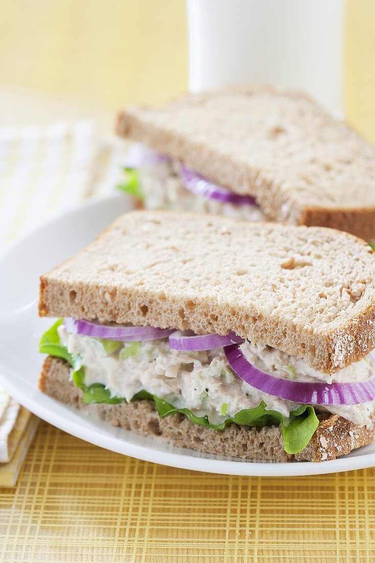 Tuna Salad Sandwich on Whole Wheat Bread with Onion and Lettuce; Halved on a Plate