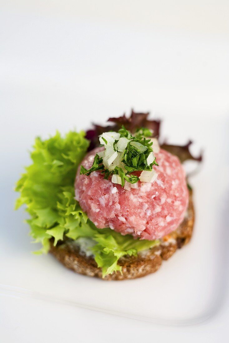 A canape with raw minced meat and onions