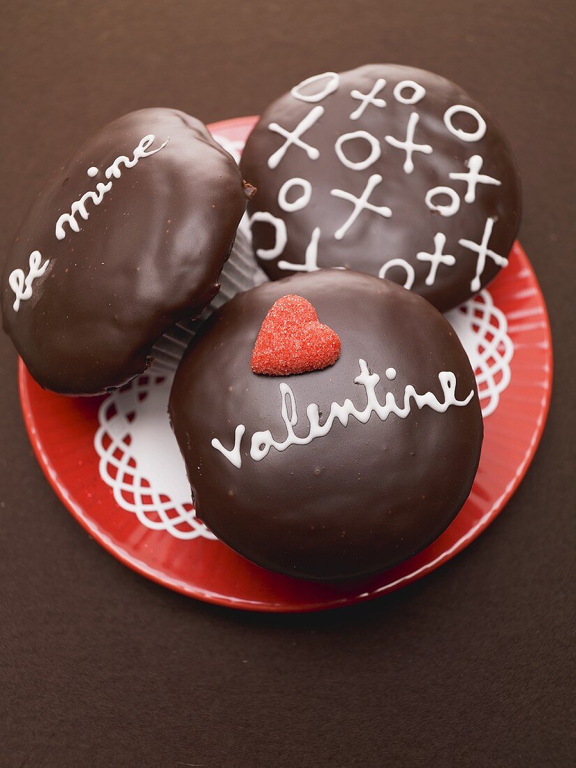 Three chocolate cupcakes for Valentine's day