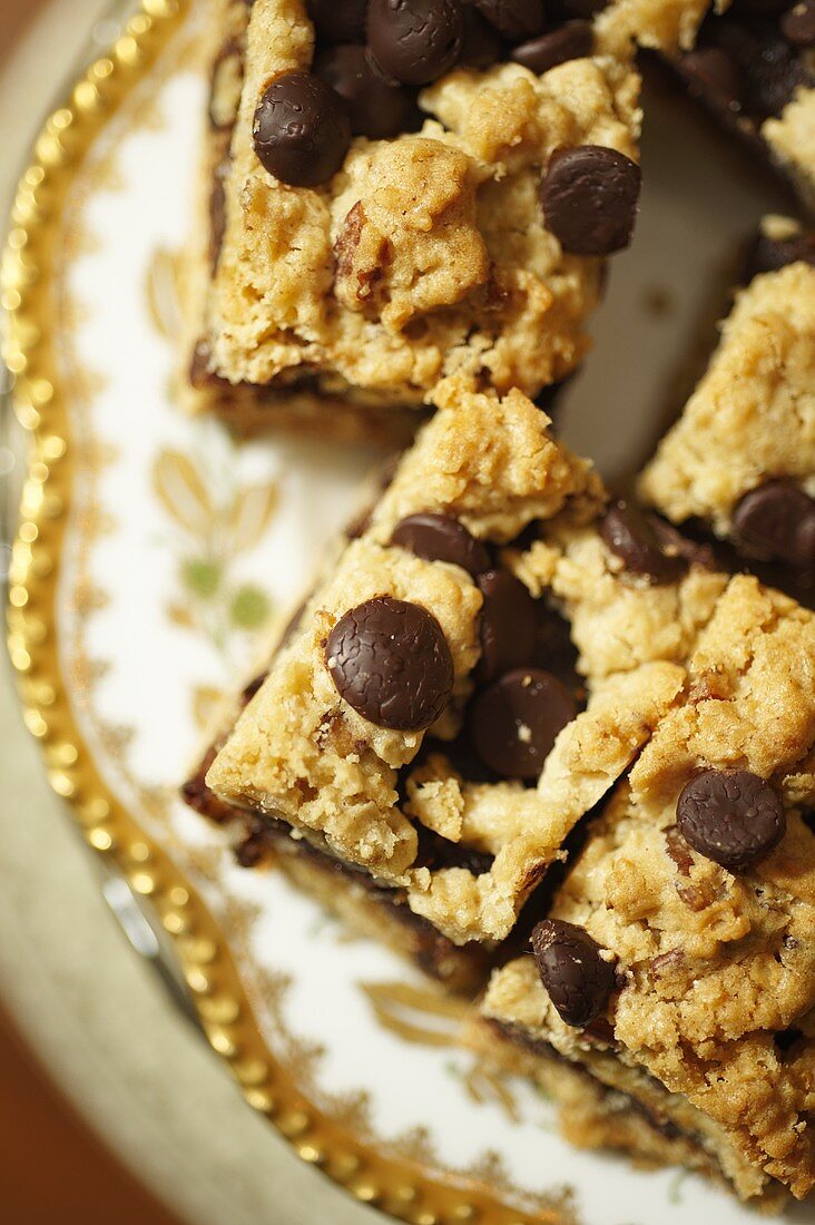Chocolate Chip Cookie Bars on a Decorative Plate; From Above