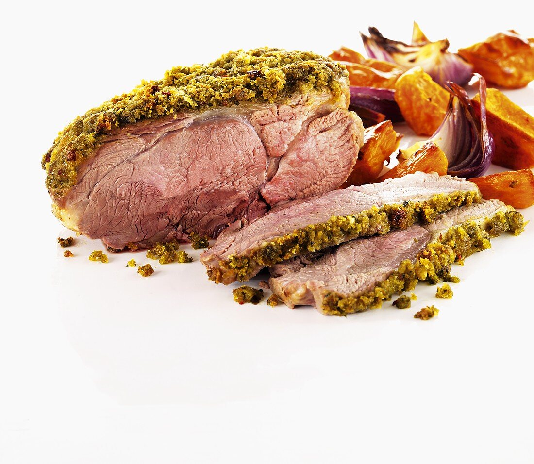 Roast lamb with pesto chili crust