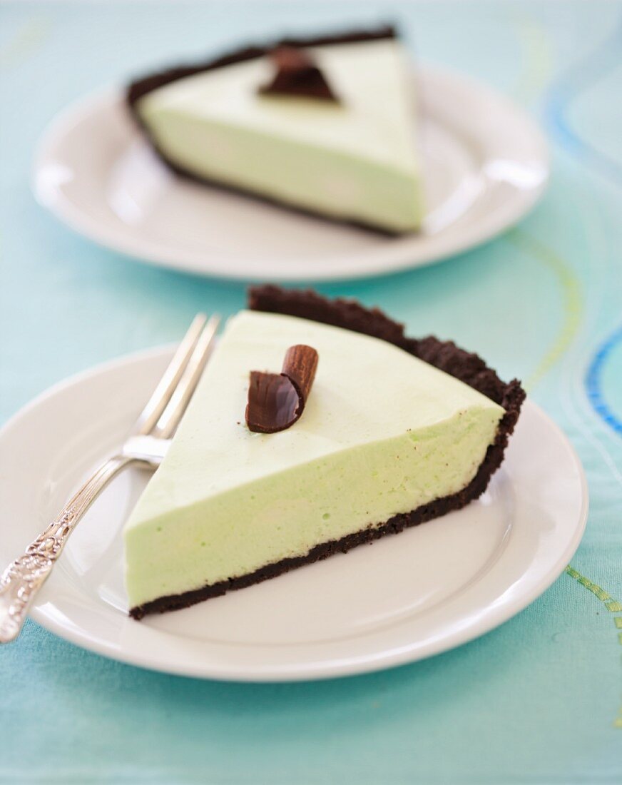 Two Slices of Grasshopper Pie (Mint Custard Pie with Chocolate Cookie Crust)