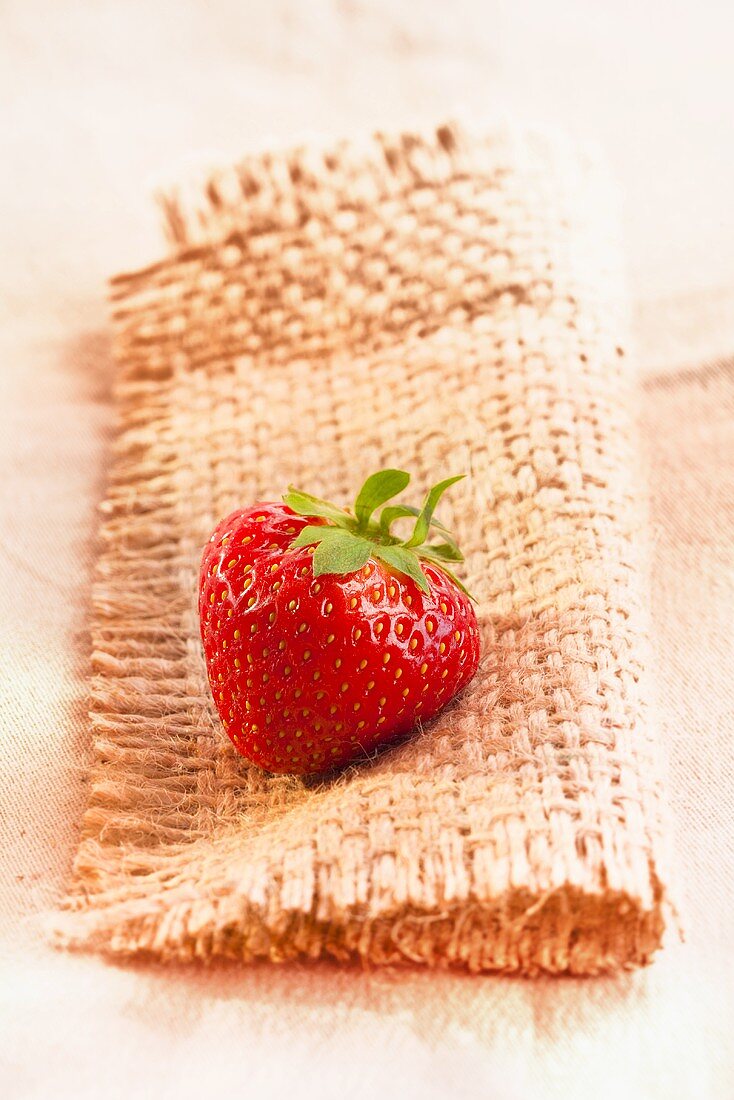 A strawberry on a piece of jute