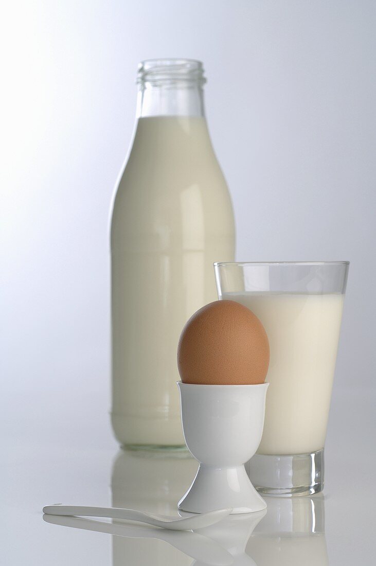 Egg in egg cup, glass of milk and bottle of milk