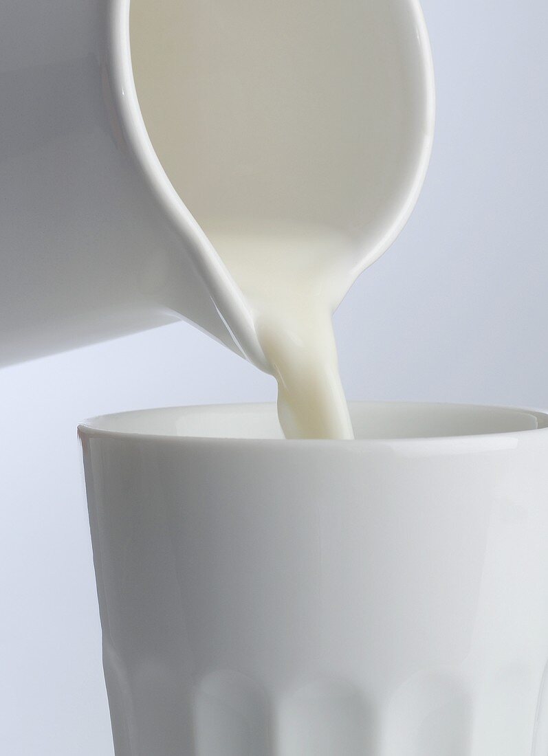 Pouring milk out of a jug into a beaker