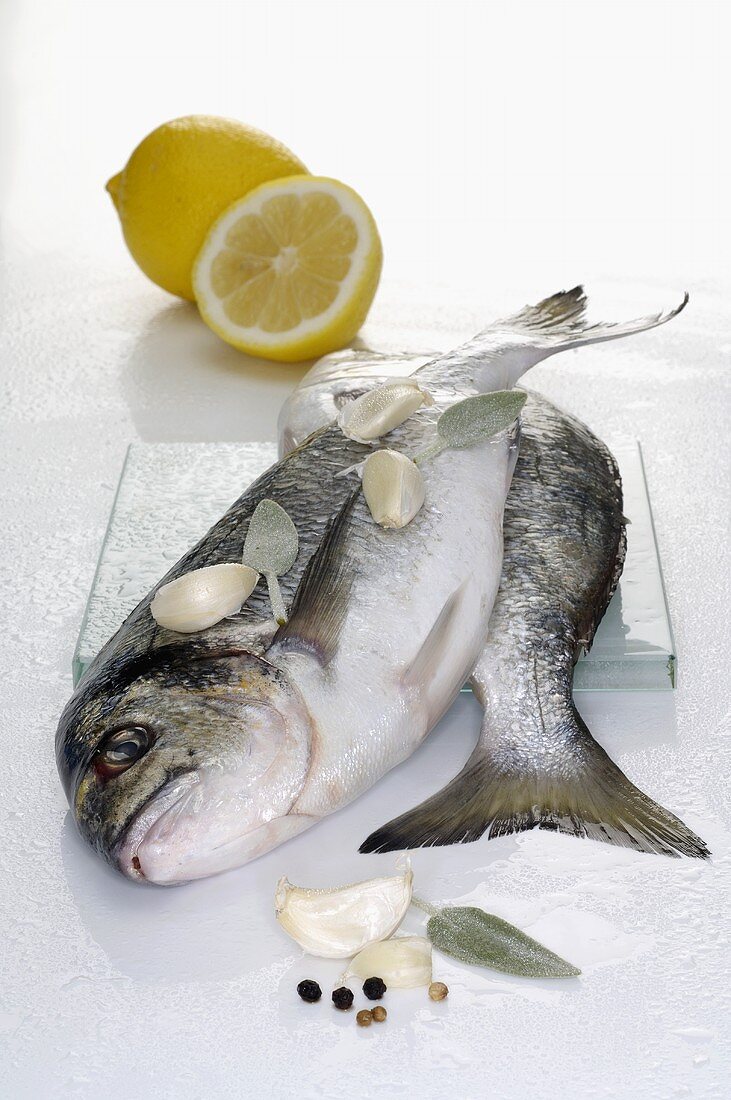 Sea bream with ingredients (garlic, sage, pepper, lemon)