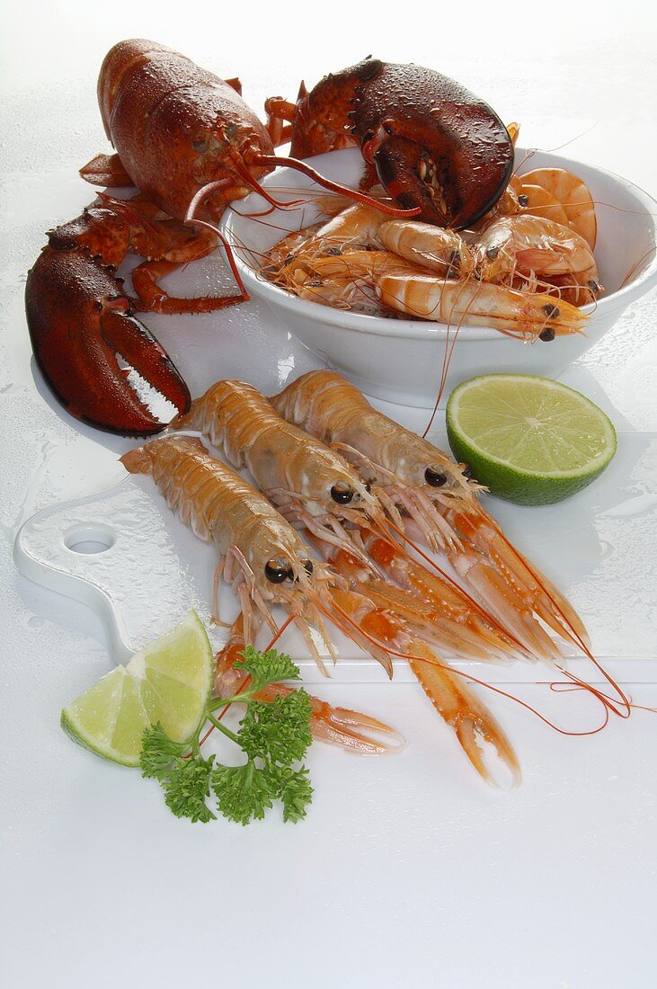 Cooked lobster and prawns