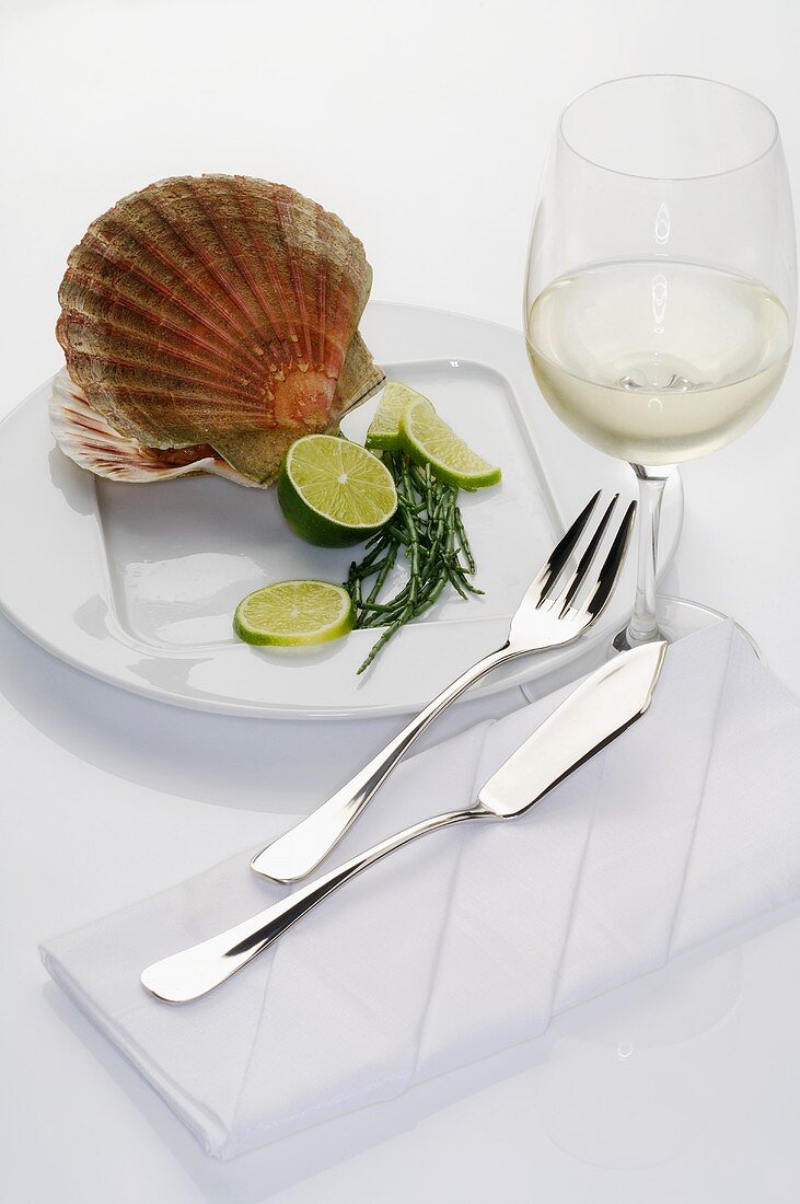 Scallop with pieces of lime, glass of white wine
