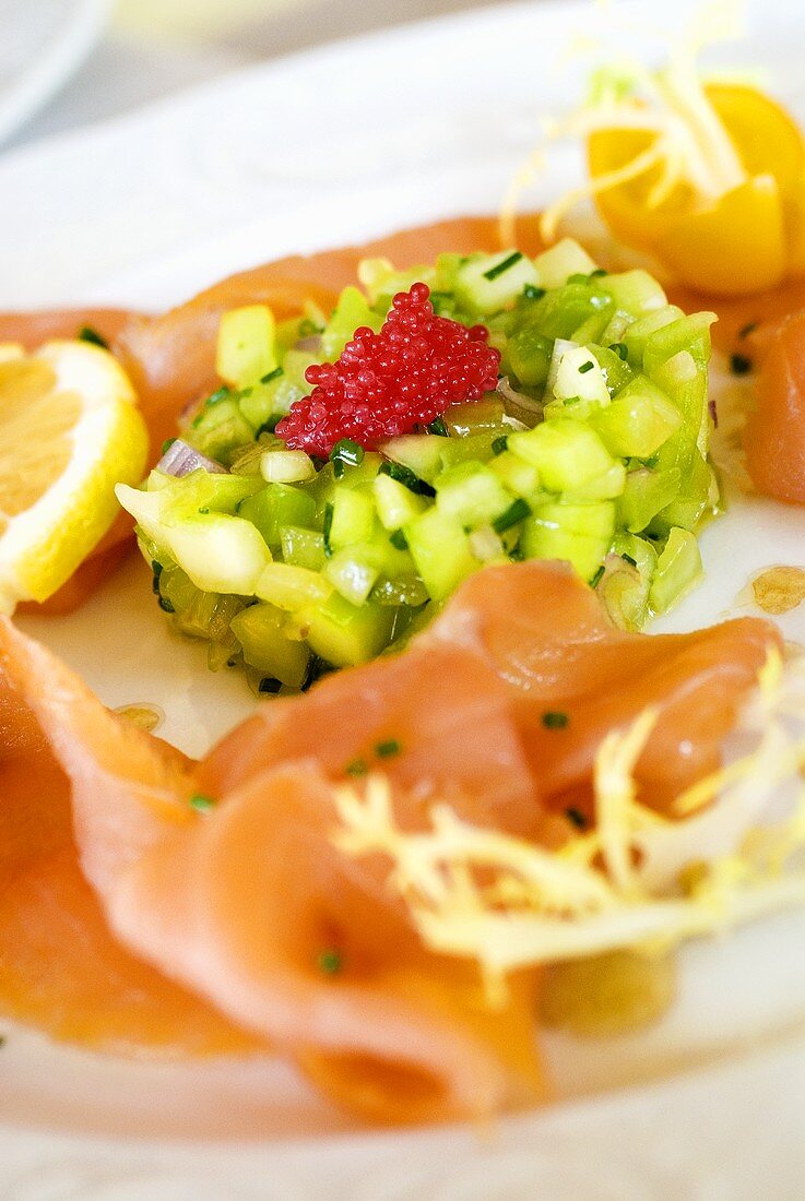 Smoked salmon with cucumber salad