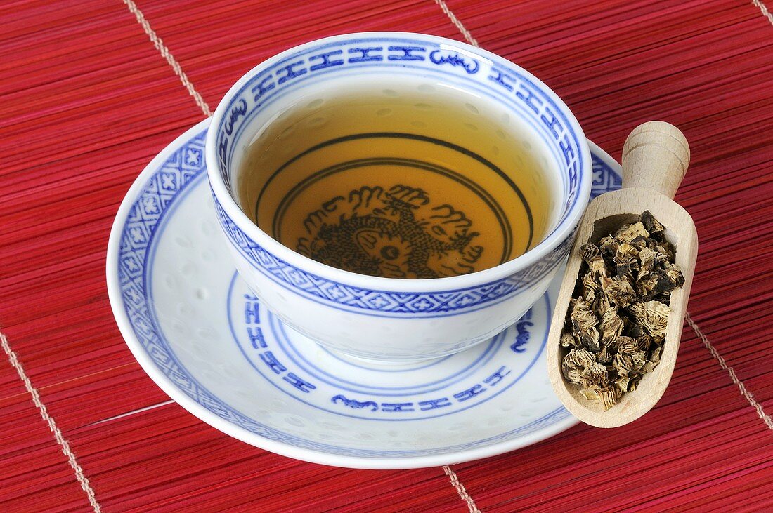 Bowl of tea with dried black cohosh root in scoop