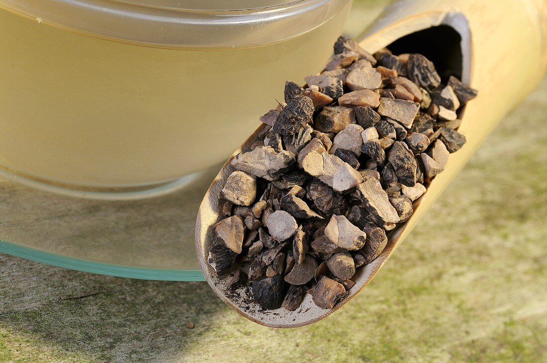 Tasse Tee mit getrockneter Nussgraswurzel auf einer Schaufel