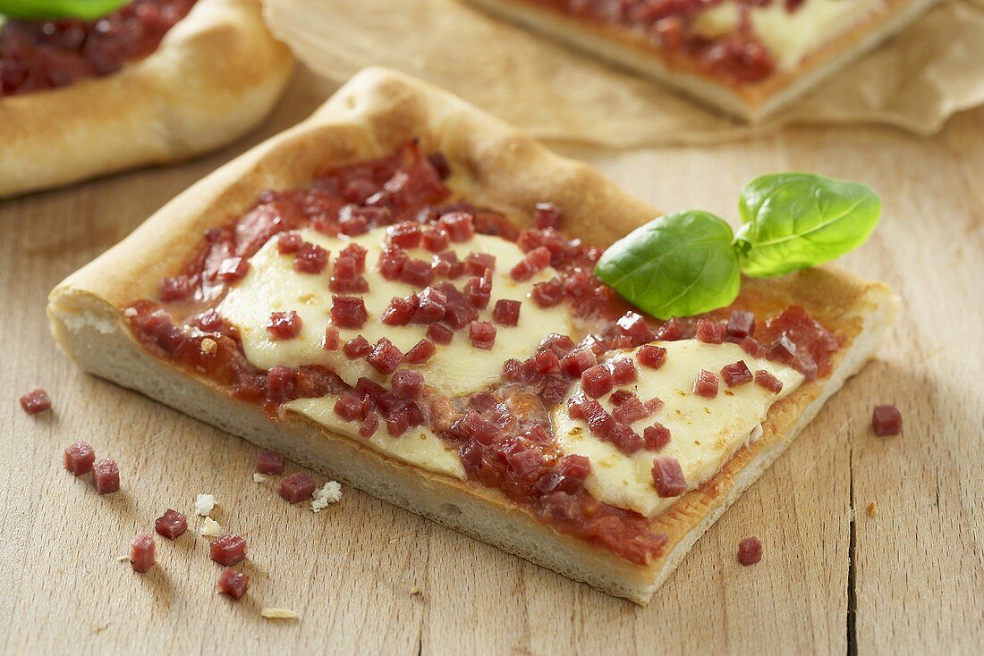 Pieces of salami and mozzarella pizza with basil