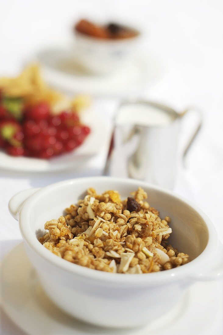 Muesli, a small jug of milk and fresh fruit