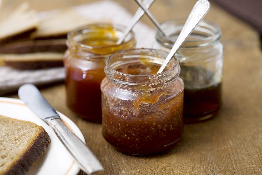 Fig jam and honey in jam jars