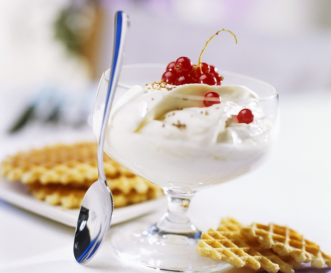 Syllabub with redcurrants and waffles