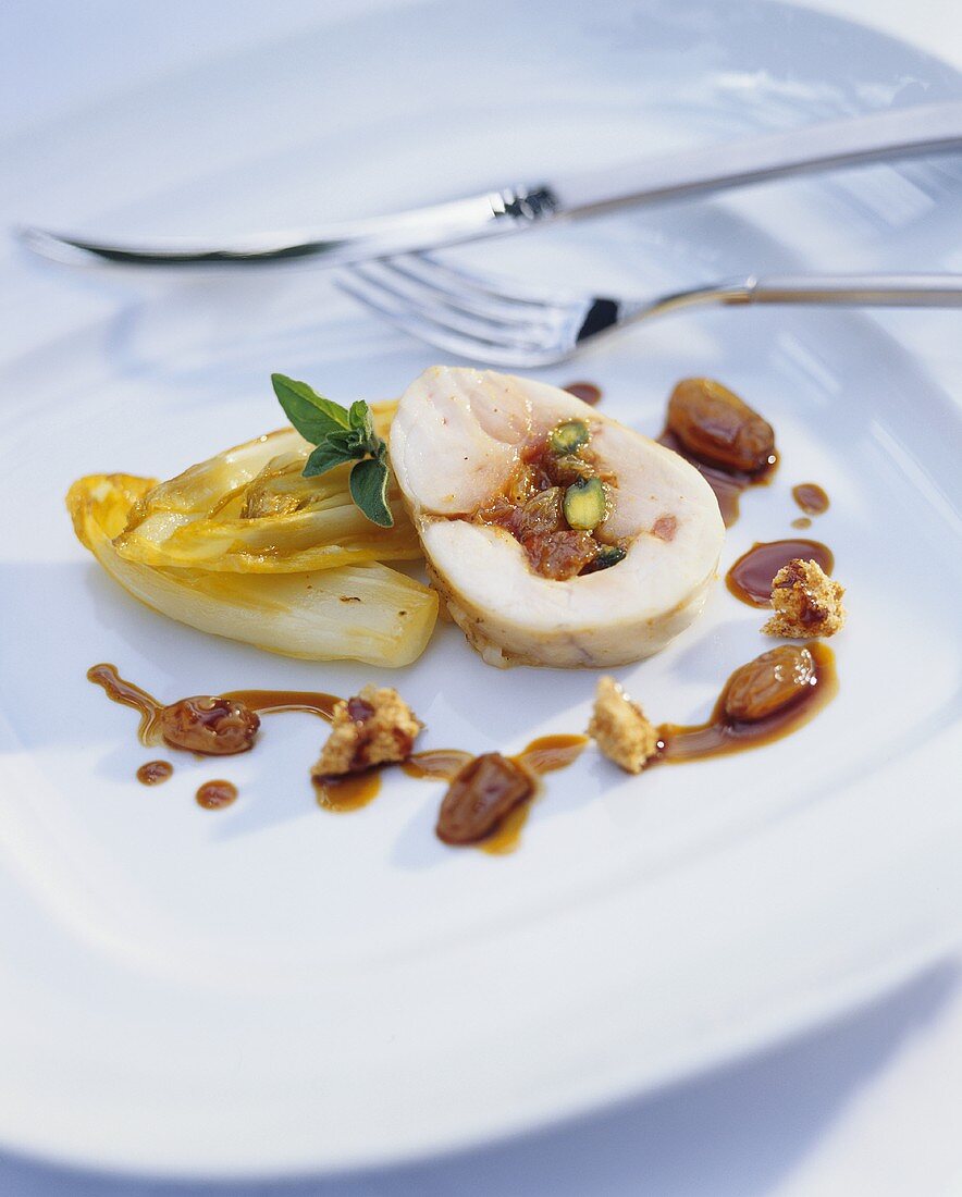 Stuffed loin of rabbit with caramelised chicory
