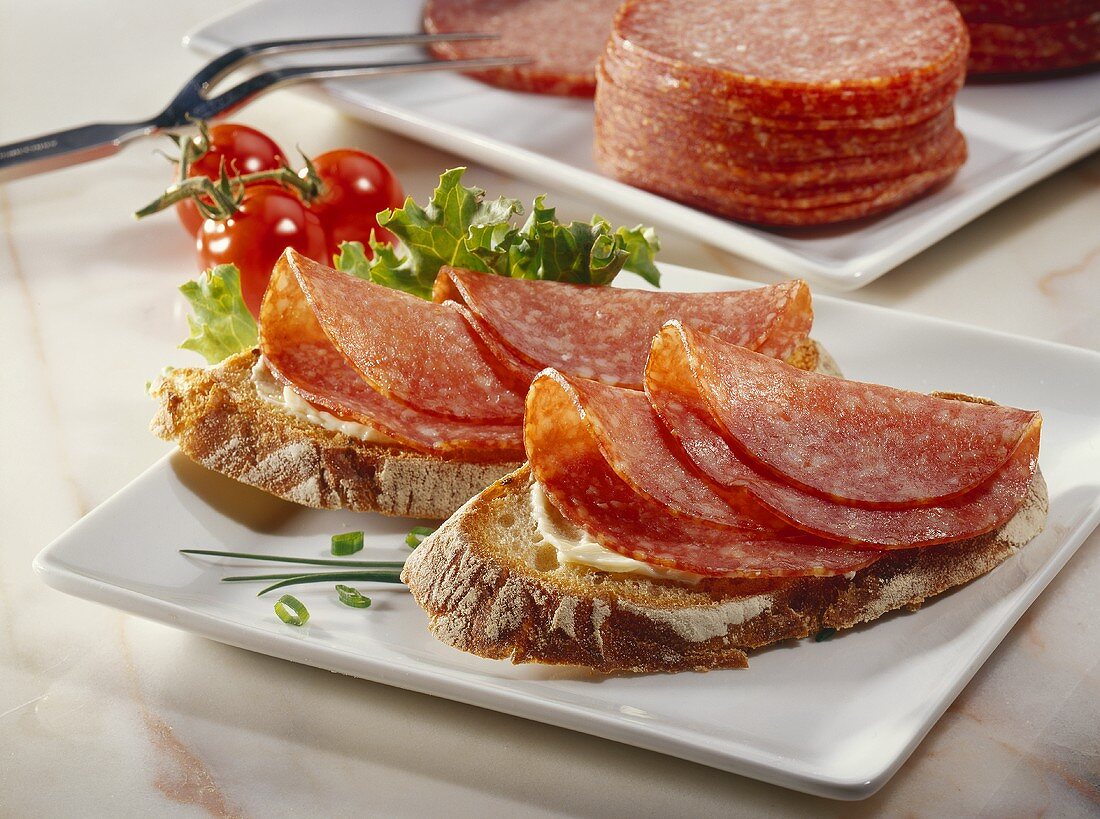 Open salami sandwiches on buttered bread