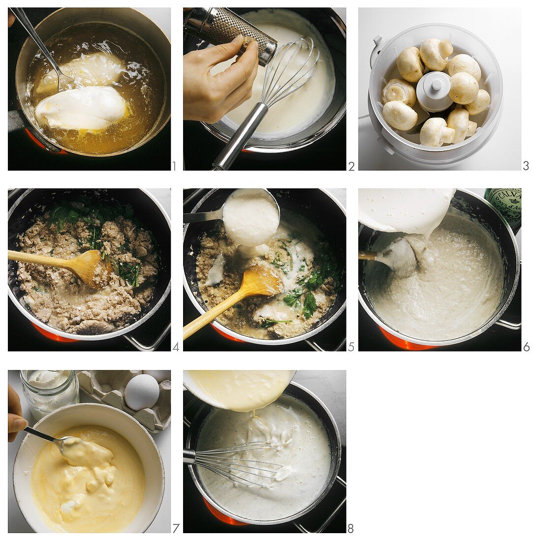 Hühnercremesuppe mit Pilzen zubereiten