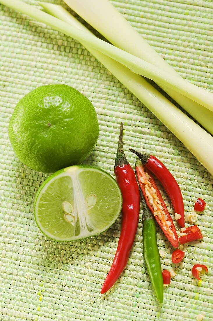 Limes, chili peppers and lemon grass