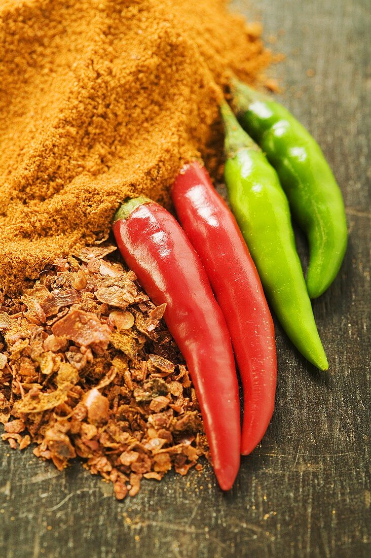 Chili peppers, chili flakes and chili powder