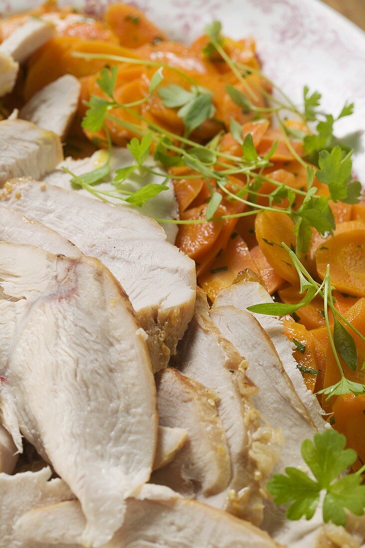 Turkey breast with carrots and parsley, close-up