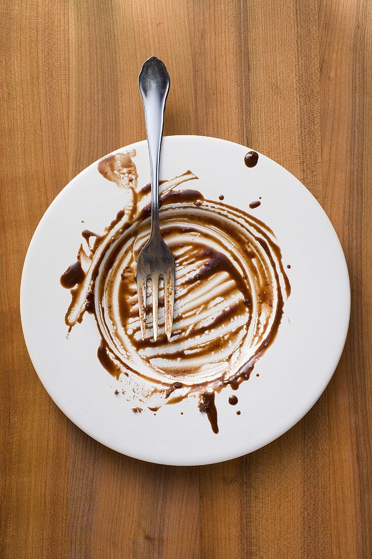 Plate with remains of chocolate sauce