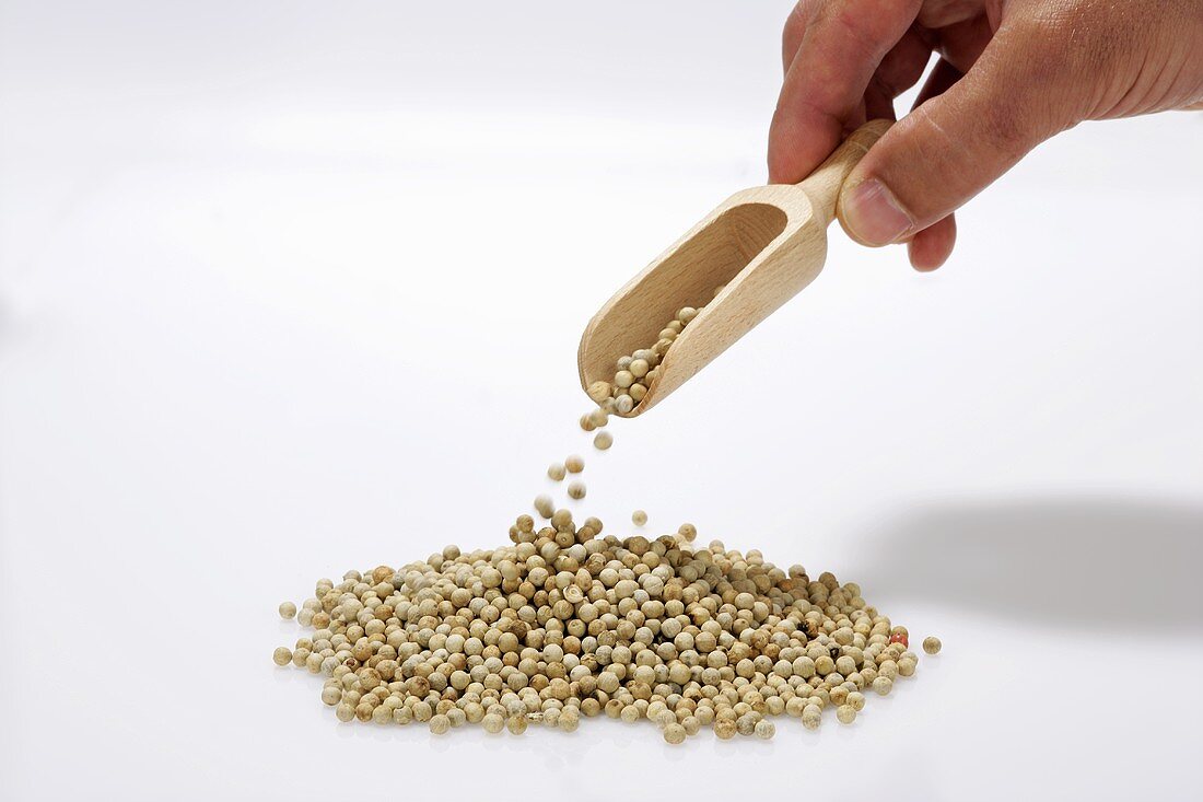 Hand dropping white peppercorns from wooden scoop