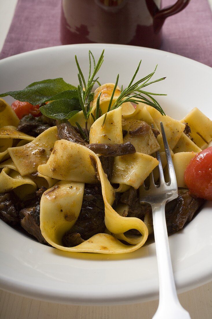 Ribbon pasta with braised oxtail, tomatoes, herbs