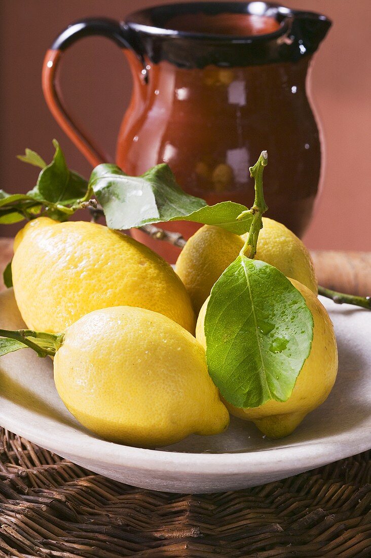 Frische Zitronen mit Blättern auf Teller vor Tonkrug