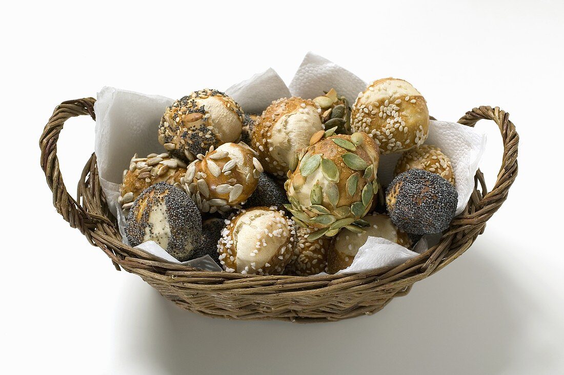 Assorted pretzel rolls in bread basket