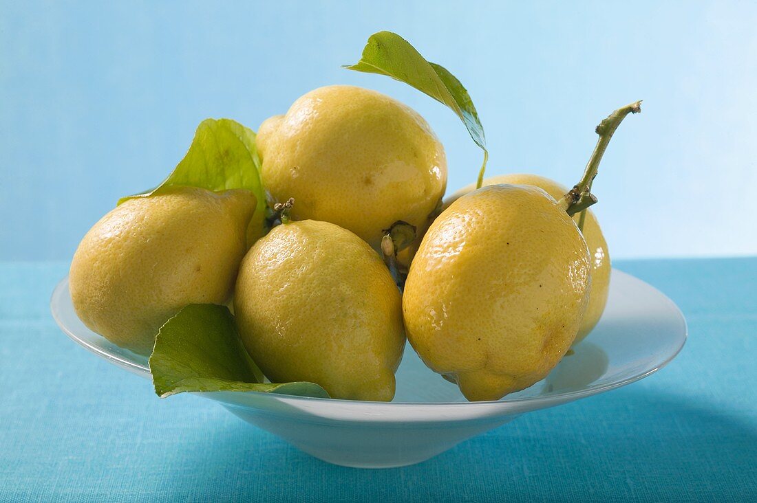 Several lemons with leaves in a bowl
