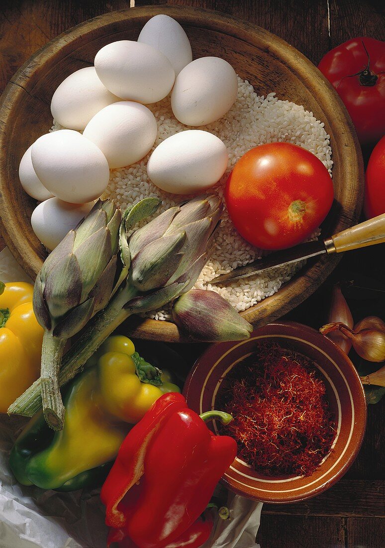 Reis; Eier; Tomate, Artischocken; Paprika; Safran