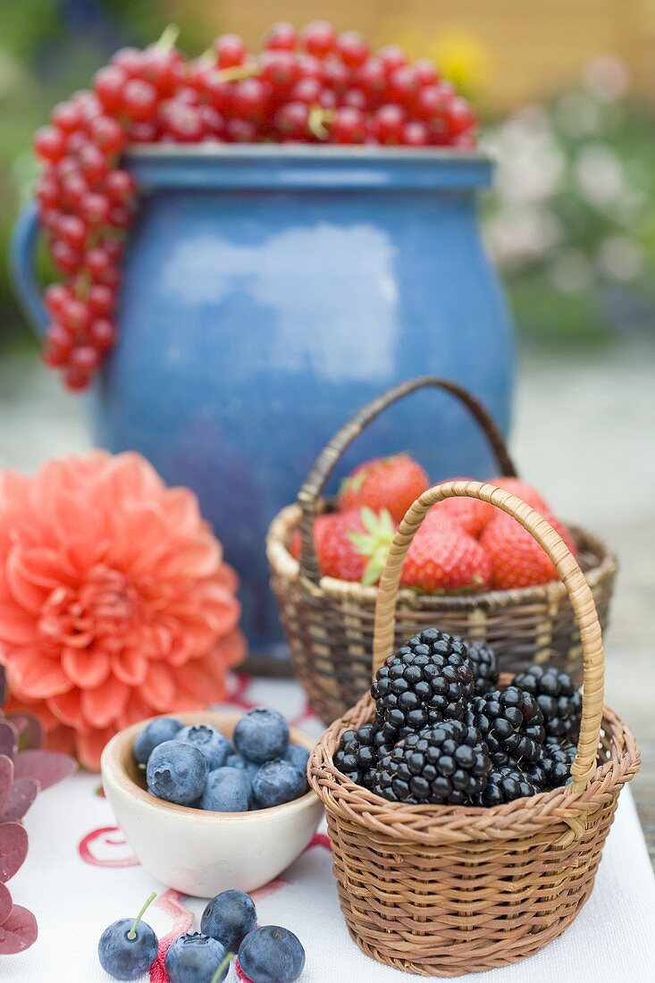 Summer berry still life on table out of doors