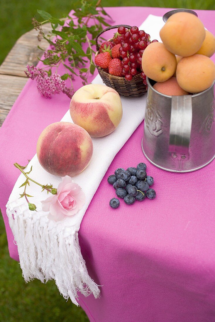 Pfirsiche, Aprikosen und frische Beeren auf Tisch im Freien