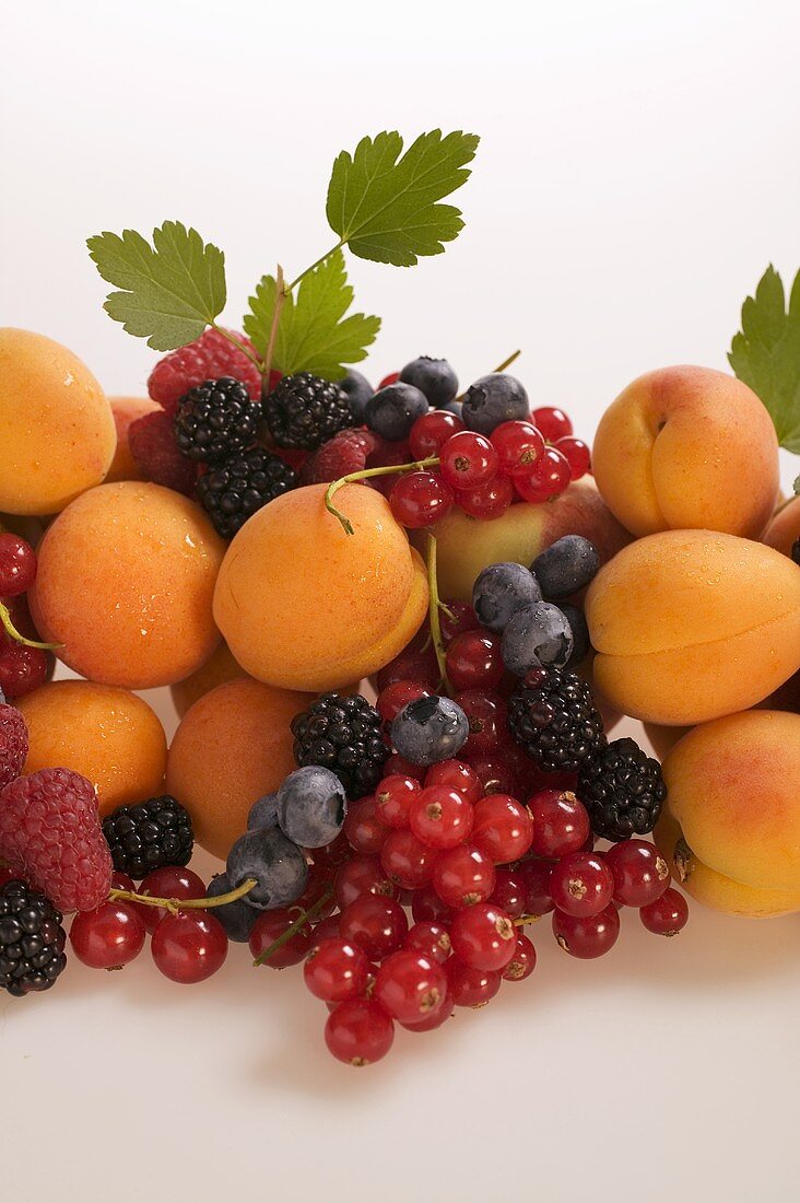 Fruit still life with apricots, berries and leaves