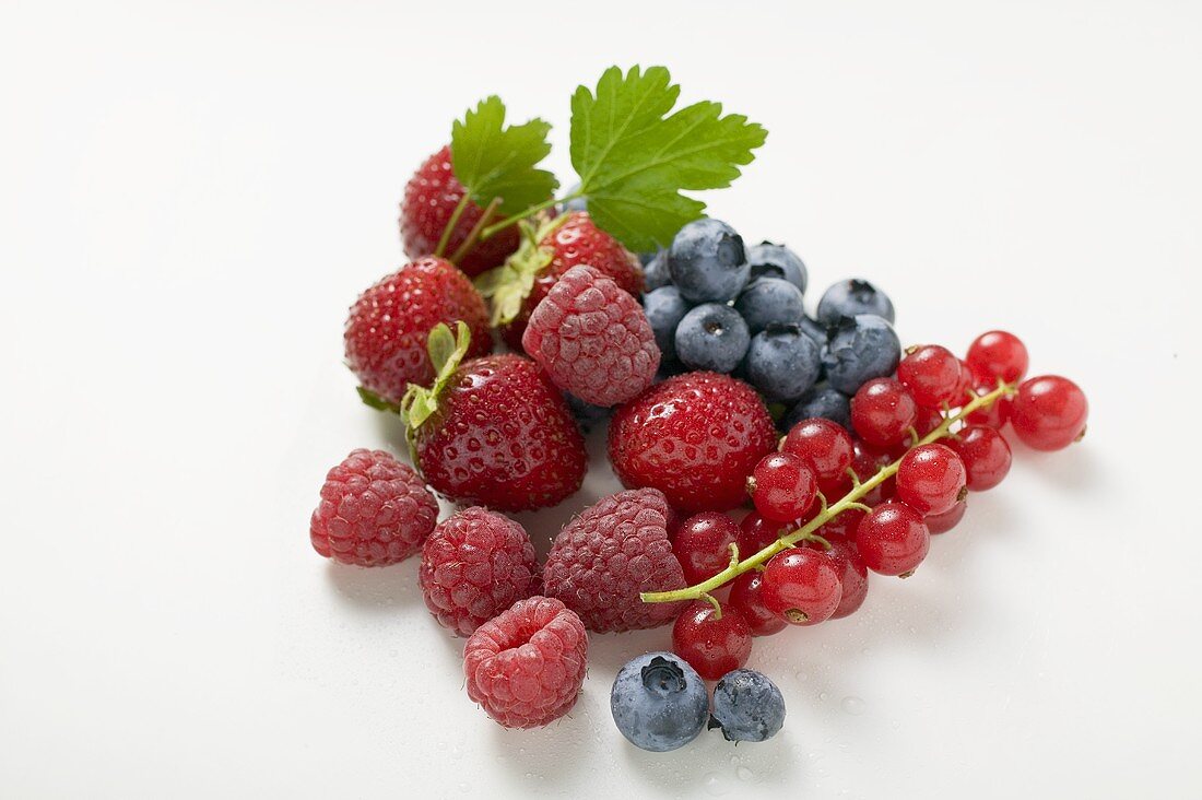 Verschiedene Beeren mit Blättern